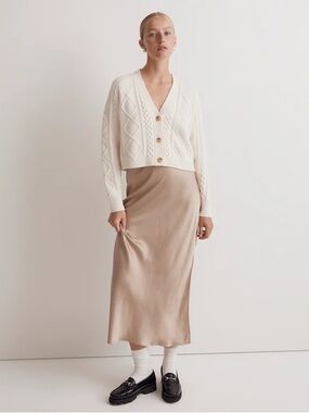 Madewell Cable-Knit Cropped Cardigan Antique Cream V-Neck Wool Sweater Knit
